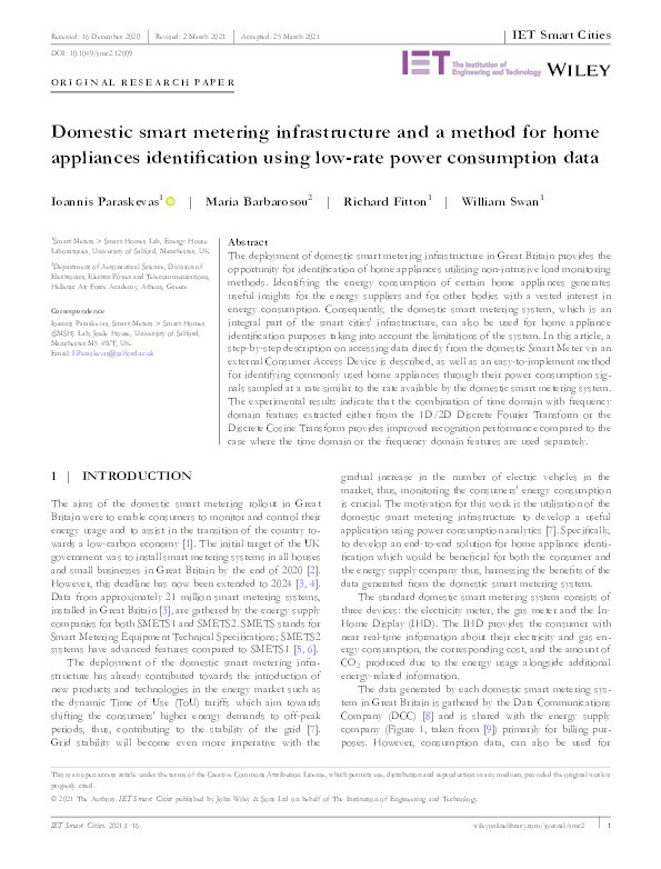 Domestic smart metering infrastructure and a method for home appliances identification using low‐rate power consumption data Thumbnail