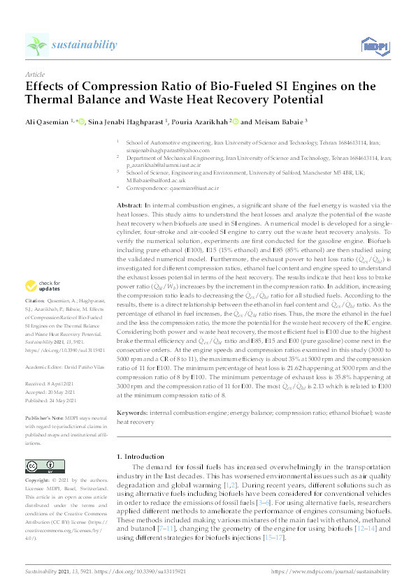 Effects of compression ratio of bio-fueled SI engines on the thermal balance and waste heat recovery potential Thumbnail