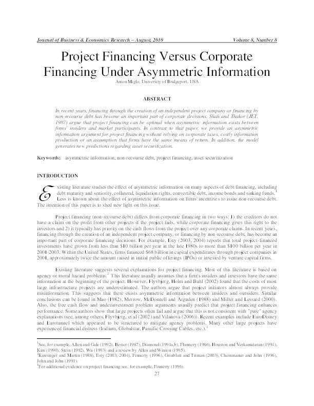 Project financing versus corporate financing under asymmetric information Thumbnail