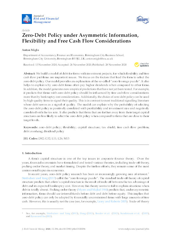 Zero-debt policy under asymmetric information, flexibility and free cash flow considerations Thumbnail