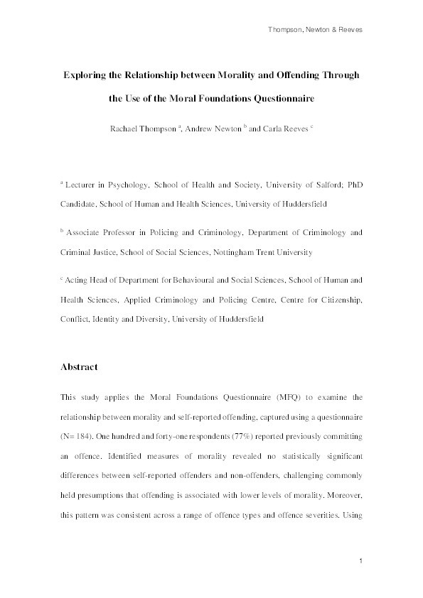 Exploring the relationship between morality and offending through the use of the Moral Foundations Questionnaire Thumbnail