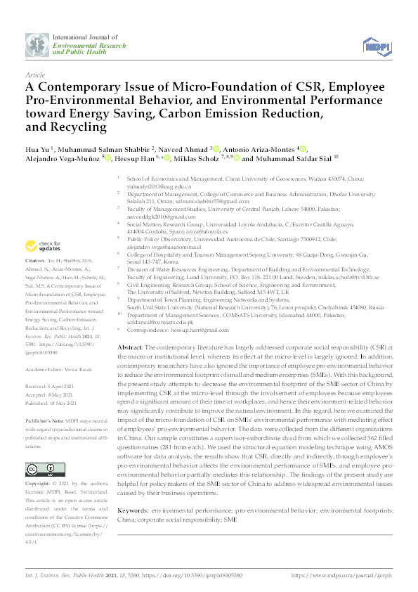 A contemporary issue of micro-foundation of CSR, employee pro-environmental behavior, and environmental performance toward energy saving, carbon emission reduction, and recycling Thumbnail