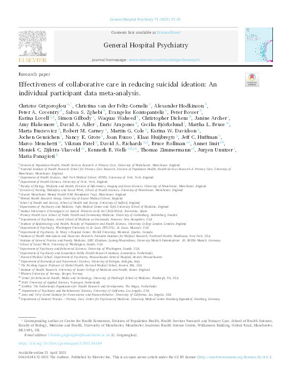 Effectiveness of collaborative care in reducing suicidal ideation : an individual participant data meta-analysis Thumbnail