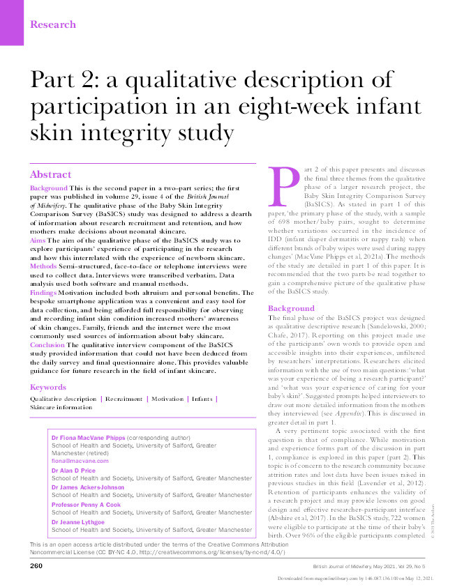 Part 2 : a qualitative description of participation in an eight-week infant skin integrity study Thumbnail