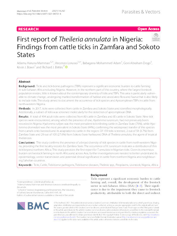 First report of Theileria annulata in Nigeria : findings from cattle ticks in Zamfara and Sokoto States Thumbnail