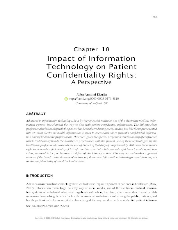 Impact of information technology on patient confidentiality rights : a perspective Thumbnail