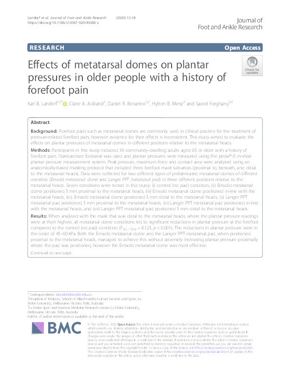 Effects of metatarsal domes on plantar pressures in older people with a history of forefoot pain Thumbnail