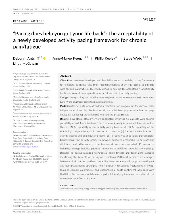 “Pacing does help you get your life back” : the acceptability of a newly developed activity pacing framework for chronic pain/fatigue Thumbnail