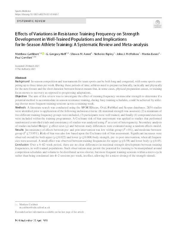 Effects of variations in resistance training frequency on strength development in well-trained populations and implications for in-season athlete training : a systematic review and meta-analysis Thumbnail