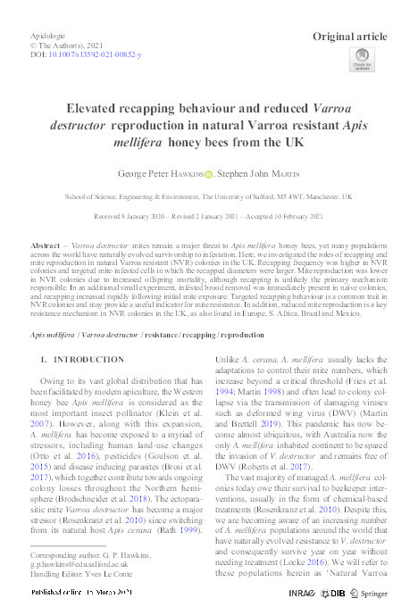 Elevated recapping behaviour and reduced Varroa destructor reproduction in natural Varroa resistant Apis mellifera honey bees from the UK Thumbnail