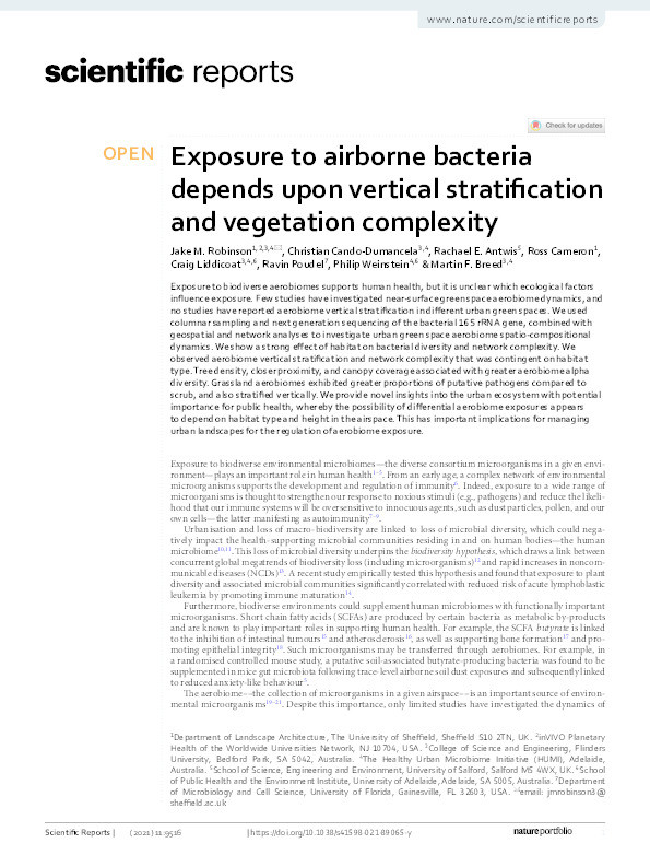 Exposure to airborne bacteria depends upon vertical stratification and vegetation complexity Thumbnail