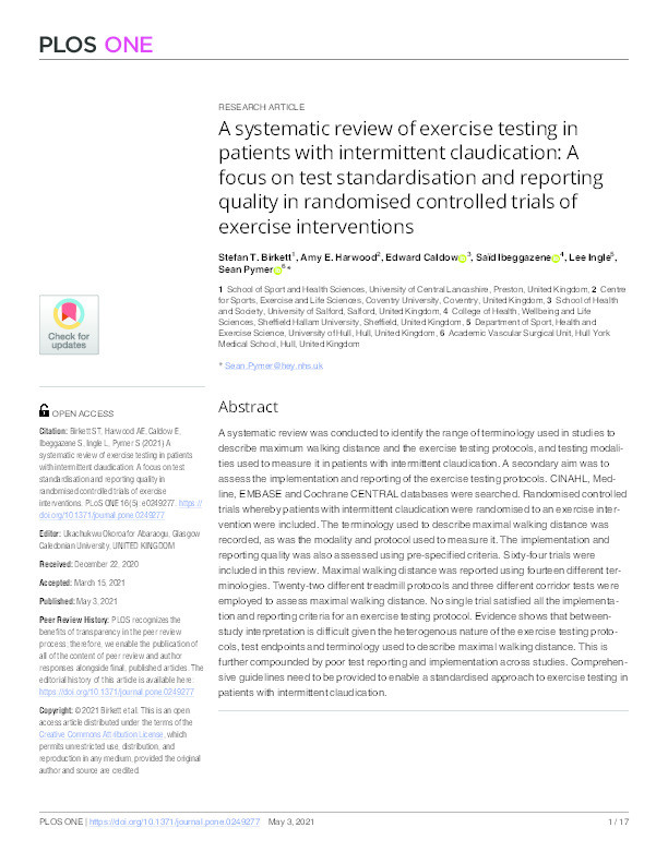 A systematic review of exercise testing in patients with intermittent claudication : a focus on test standardisation and reporting quality in randomised controlled trials of exercise interventions Thumbnail