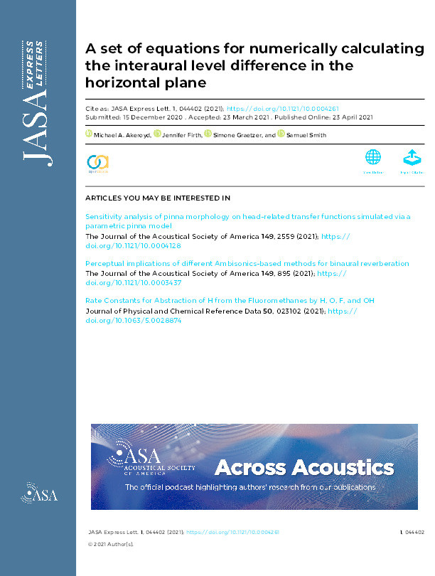 A set of equations for numerically calculating the interaural level difference in the horizontal plane Thumbnail