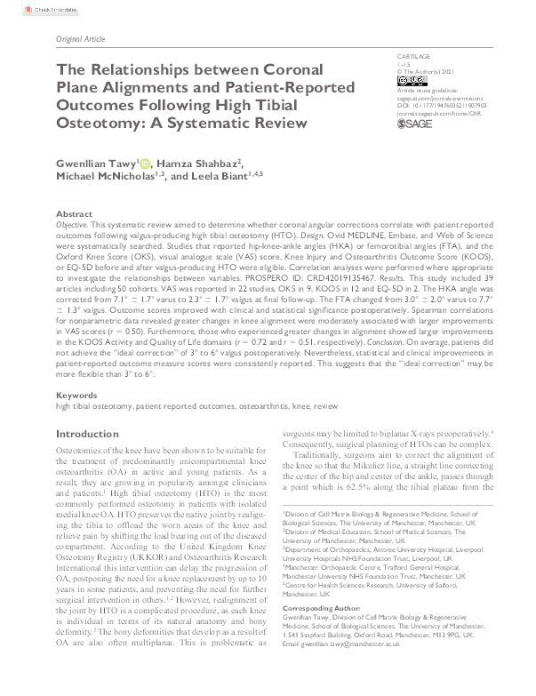 The relationships between coronal plane alignments and patient-reported outcomes following high tibial osteotomy : a systematic review Thumbnail