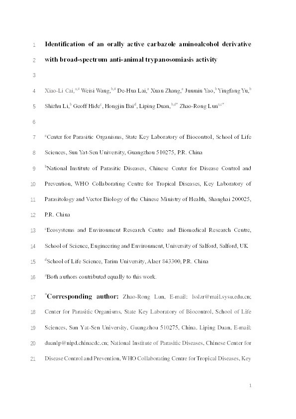 Identification of an orally active carbazole aminoalcohol derivative with broad-spectrum anti-animal trypanosomiasis activity Thumbnail