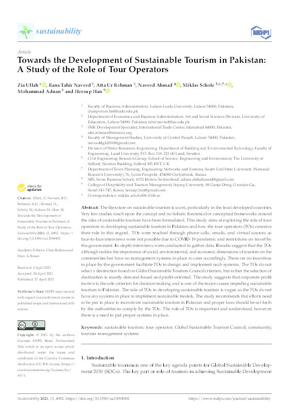 Towards the development of sustainable tourism in Pakistan : a study of the role of tour operators Thumbnail