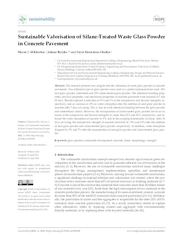 Sustainable valorisation of silane-treated waste glass powder in concrete pavement Thumbnail