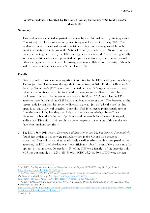 Written evidence to the National Security Strategy (Joint Committee) on National Security Machinery, NSM0021. Published 27 April 2021. Thumbnail