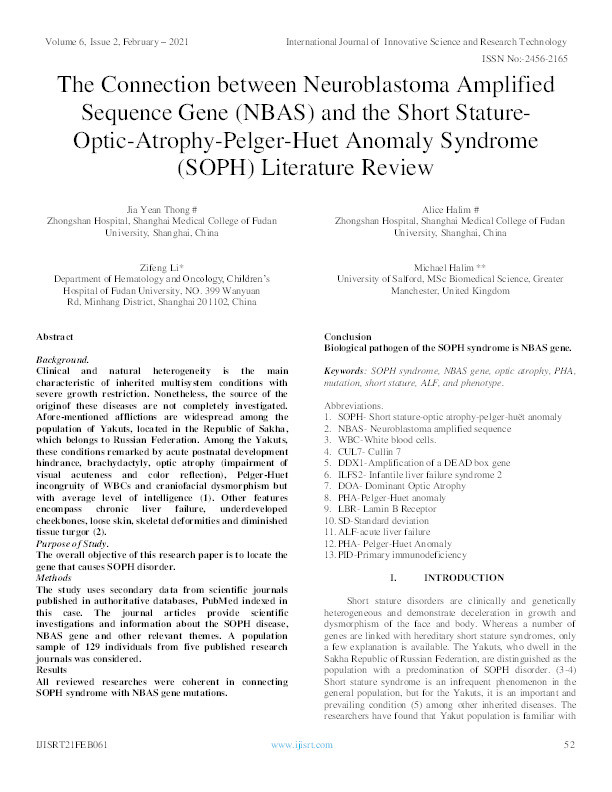The connection between Neuroblastoma Amplified Sequence Gene (NBAS) and the Short Stature-Optic-Atrophy-Pelger-Huet Anomaly Syndrome (SOPH) literature review Thumbnail
