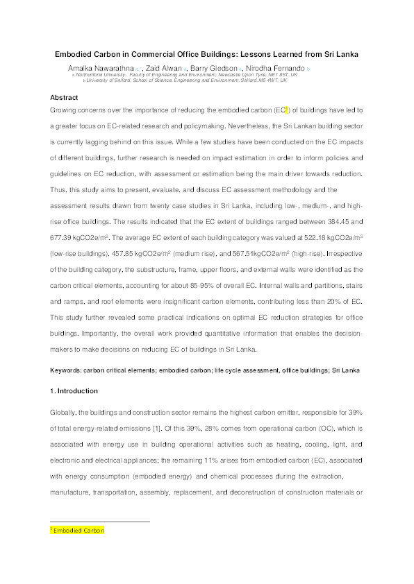 Embodied carbon in commercial office buildings : lessons learned from Sri Lanka Thumbnail