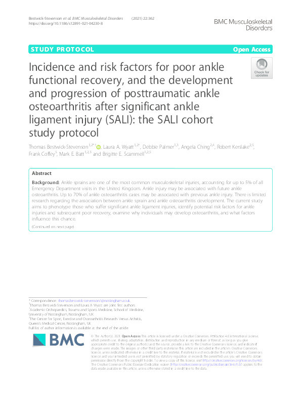 Incidence and risk factors for poor ankle functional recovery, and the development and progression of posttraumatic ankle osteoarthritis after significant ankle ligament injury (SALI) : the SALI cohort study protocol Thumbnail