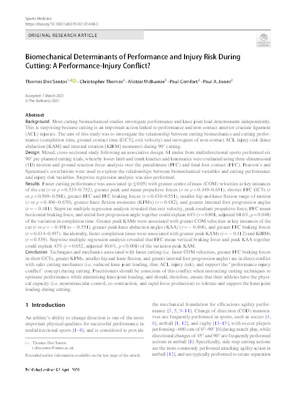 Biomechanical determinants of performance and injury risk during cutting : a performance-injury conflict? Thumbnail