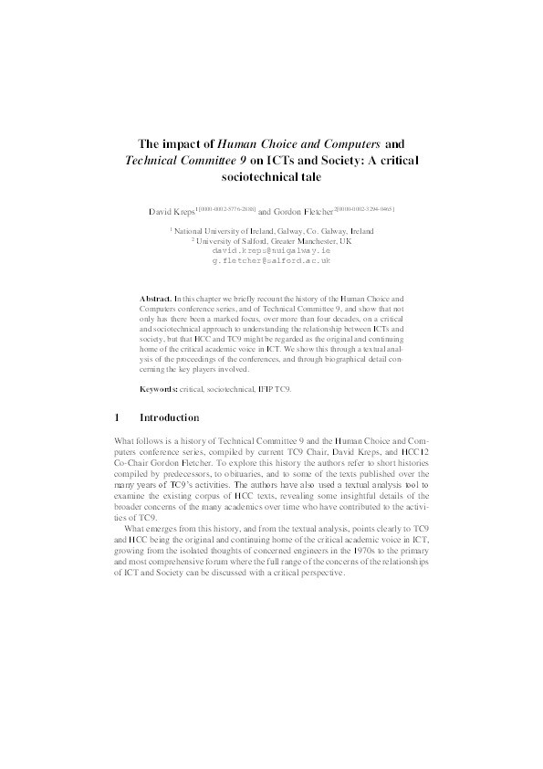The impact of Human Choice and Computers and Technical Committee 9 on ICTs and society : a critical sociotechnical tale Thumbnail