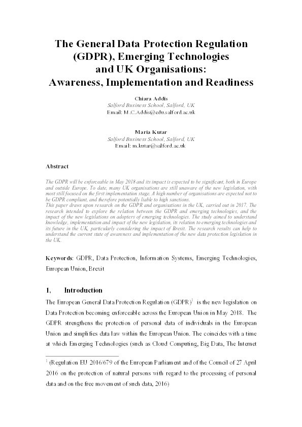 The General Data Protection Regulation (GDPR), emerging technologies and UK organisations : awareness, implementation and readiness Thumbnail