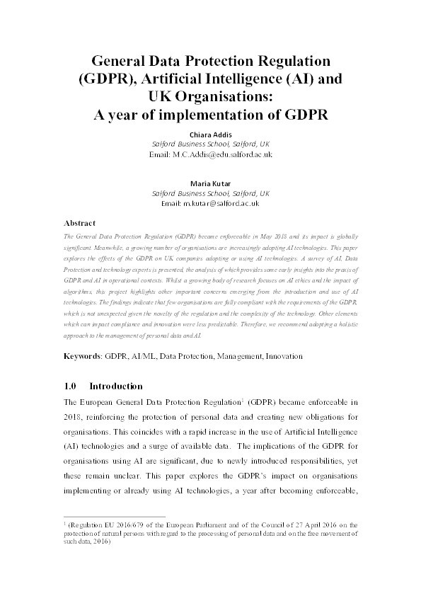 General Data Protection Regulation (GDPR), Artificial Intelligence (AI) and UK organisations : a year of implementation of GDPR Thumbnail