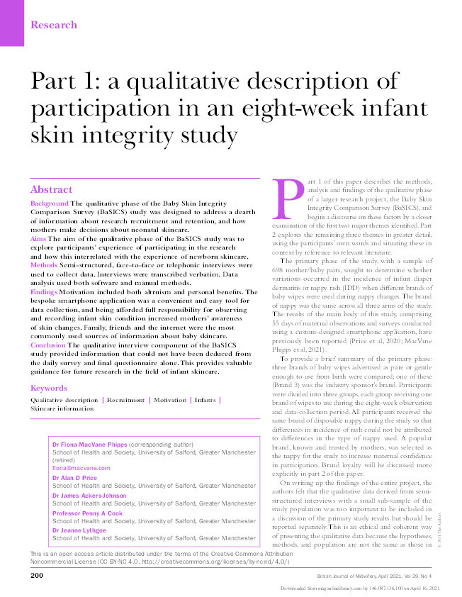 Part 1 : a qualitative description of participation in an eight-week infant skin integrity study Thumbnail