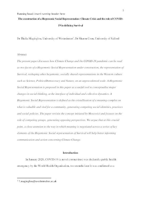 The construction of a hegemonic social representation : climate crisis and the role of COVID-19 in defining survival Thumbnail