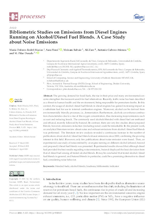 Bibliometric studies on emissions from diesel engines running on alcohol/diesel fuel blends. A case study about noise emissions Thumbnail