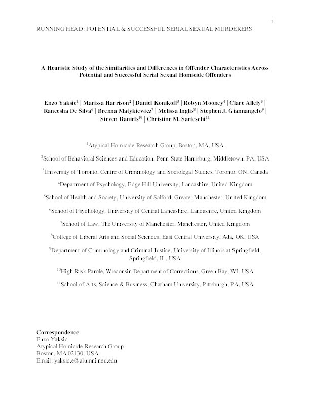 A heuristic study of the similarities and differences in offender characteristics across potential and successful serial sexual homicide offenders Thumbnail