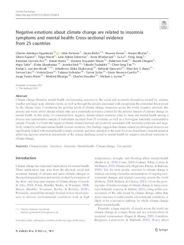 Negative emotions about climate change are related to insomnia symptoms and mental health : cross-sectional evidence from 25 countries Thumbnail