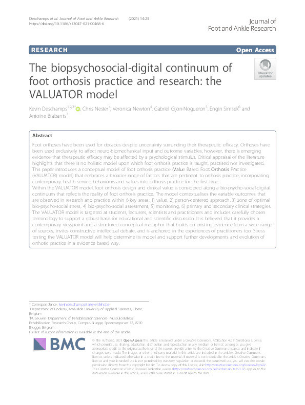 The biopsychosocial-digital continuum of foot orthosis practice and research : the VALUATOR model Thumbnail