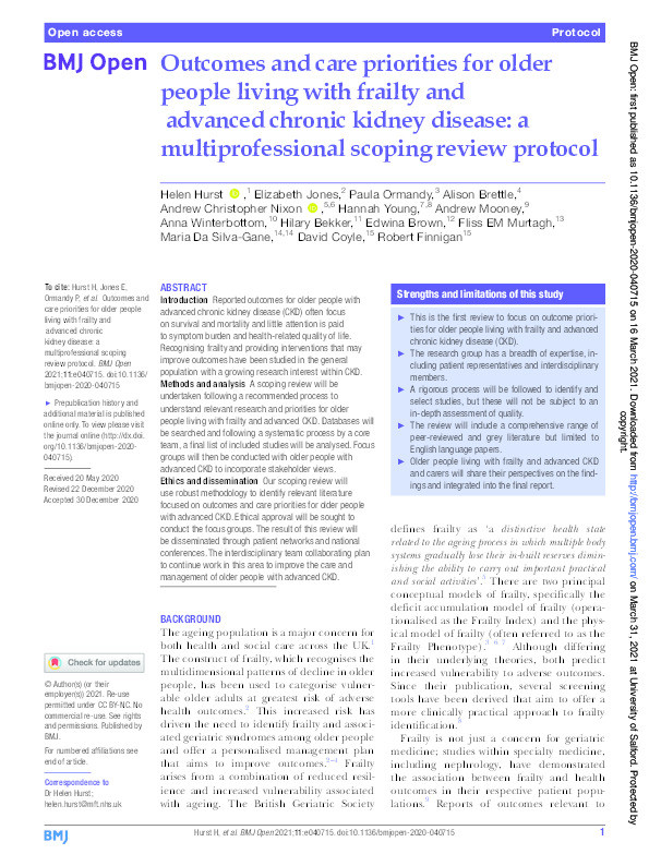 Outcomes and care priorities for older people living with frailty and advanced chronic kidney disease : a multiprofessional scoping review protocol Thumbnail