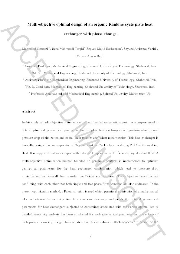 Multi-objective optimal design of an Organic Rankine Cycle (ORC) plate heat exchanger with phase change Thumbnail