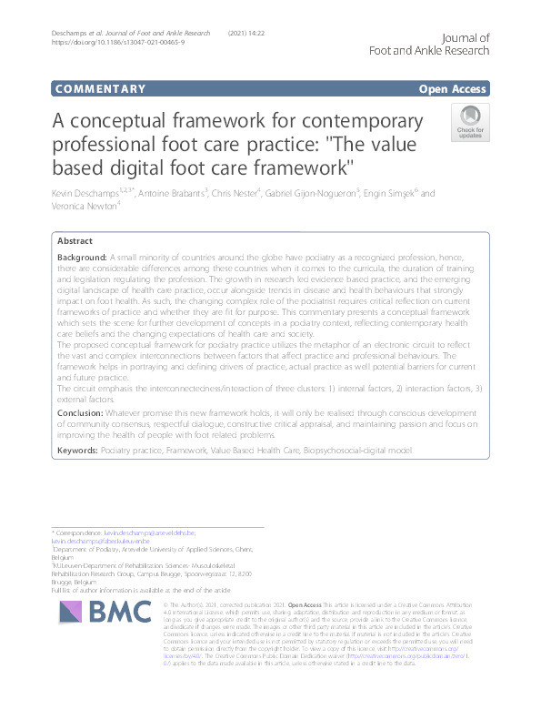 A conceptual framework for contemporary professional foot care practice : ''The value based digital foot care framework'' Thumbnail