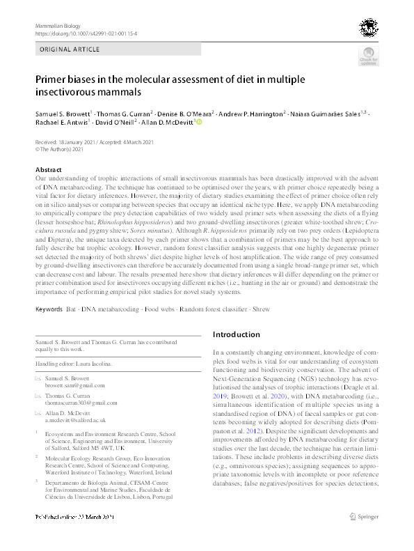 Primer biases in the molecular assessment of diet in multiple insectivorous mammals Thumbnail