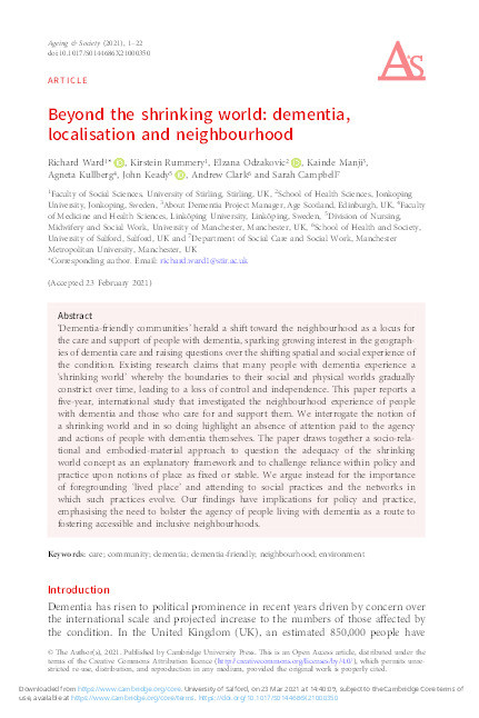 Beyond the shrinking world : dementia, localisation and neighbourhood Thumbnail