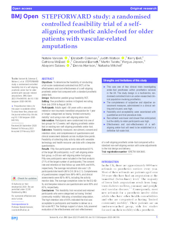 STEPFORWARD study : a randomised controlled feasibility trial of a self-aligning prosthetic ankle-foot for older patients with vascular-related amputations Thumbnail