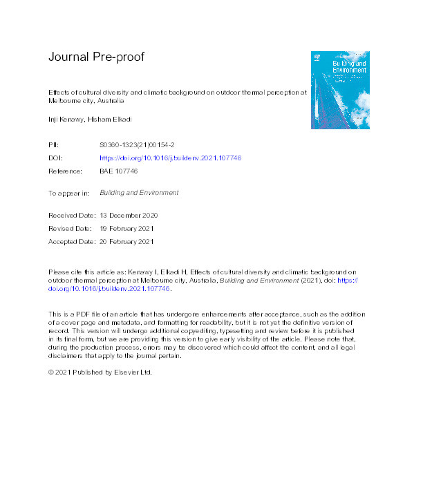 Effects of cultural diversity and climatic background on outdoor thermal perception in Melbourne city, Australia Thumbnail