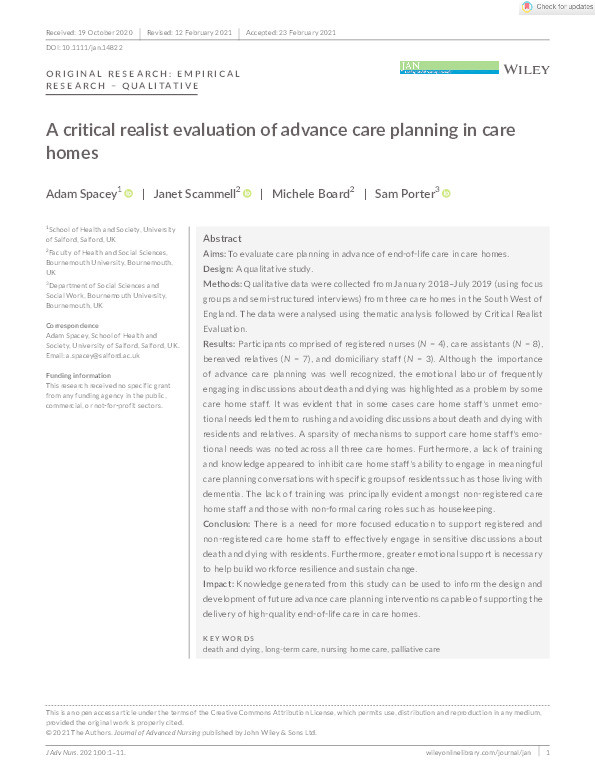 A critical realist evaluation of advance care planning in care homes Thumbnail