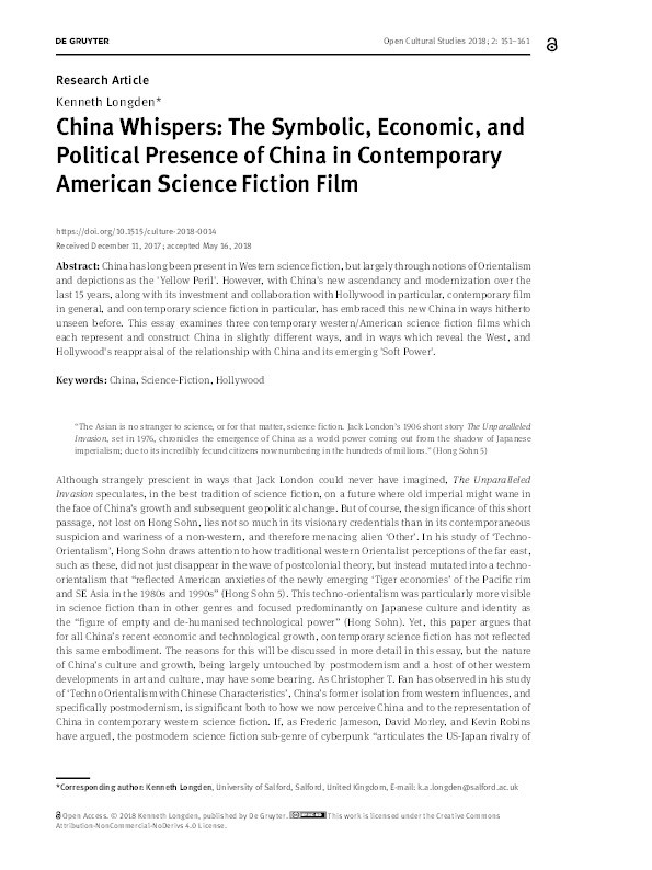 China whispers : the symbolic, economic, and political presence of China in contemporary American science fiction film Thumbnail