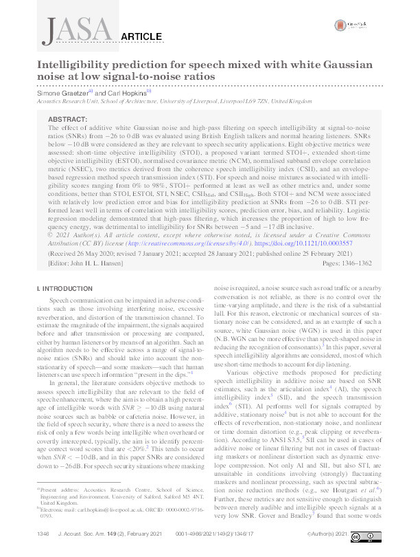 Intelligibility prediction for speech mixed with white Gaussian noise at low signal-to-noise ratios Thumbnail