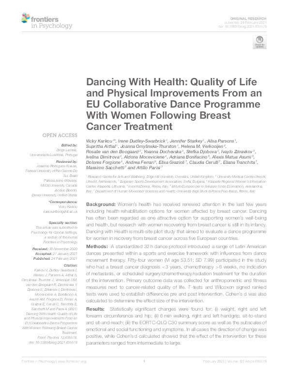 Dancing with health : quality of life and physical improvements from an EU collaborative dance programme with women following breast cancer treatment Thumbnail