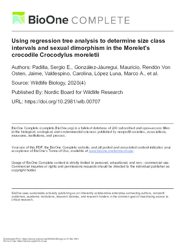 Using regression tree analysis to determine size class intervals and sexual dimorphism in the Morelet's crocodile Crocodylus moreletii Thumbnail