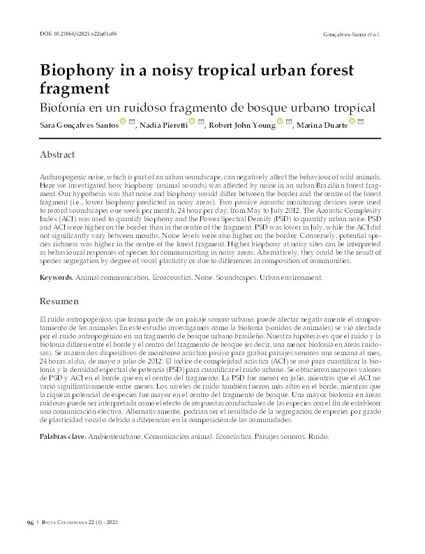 Biophony in a noisy tropical urban forest fragment Thumbnail