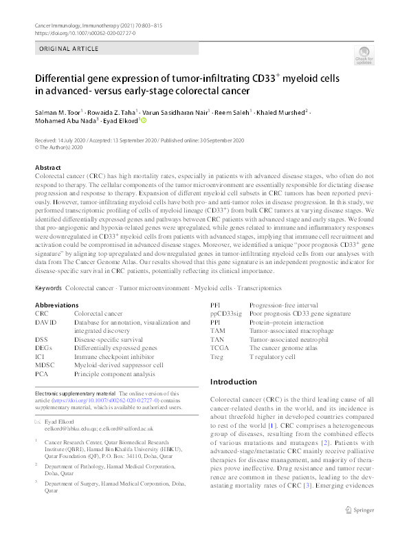 Differential gene expression of tumor-infiltrating CD33 + myeloid cells in advanced- versus early-stage colorectal cancer Thumbnail