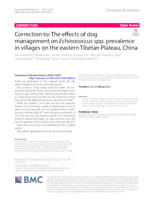 Correction to : The effects of dog management on Echinococcus spp. prevalence in villages on the eastern Tibetan Plateau, China Thumbnail
